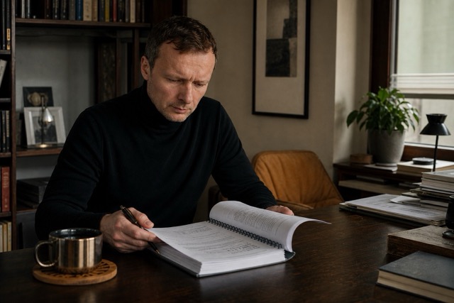 Michał Aleksander analizuje raport Zwiadu AI przy biurku