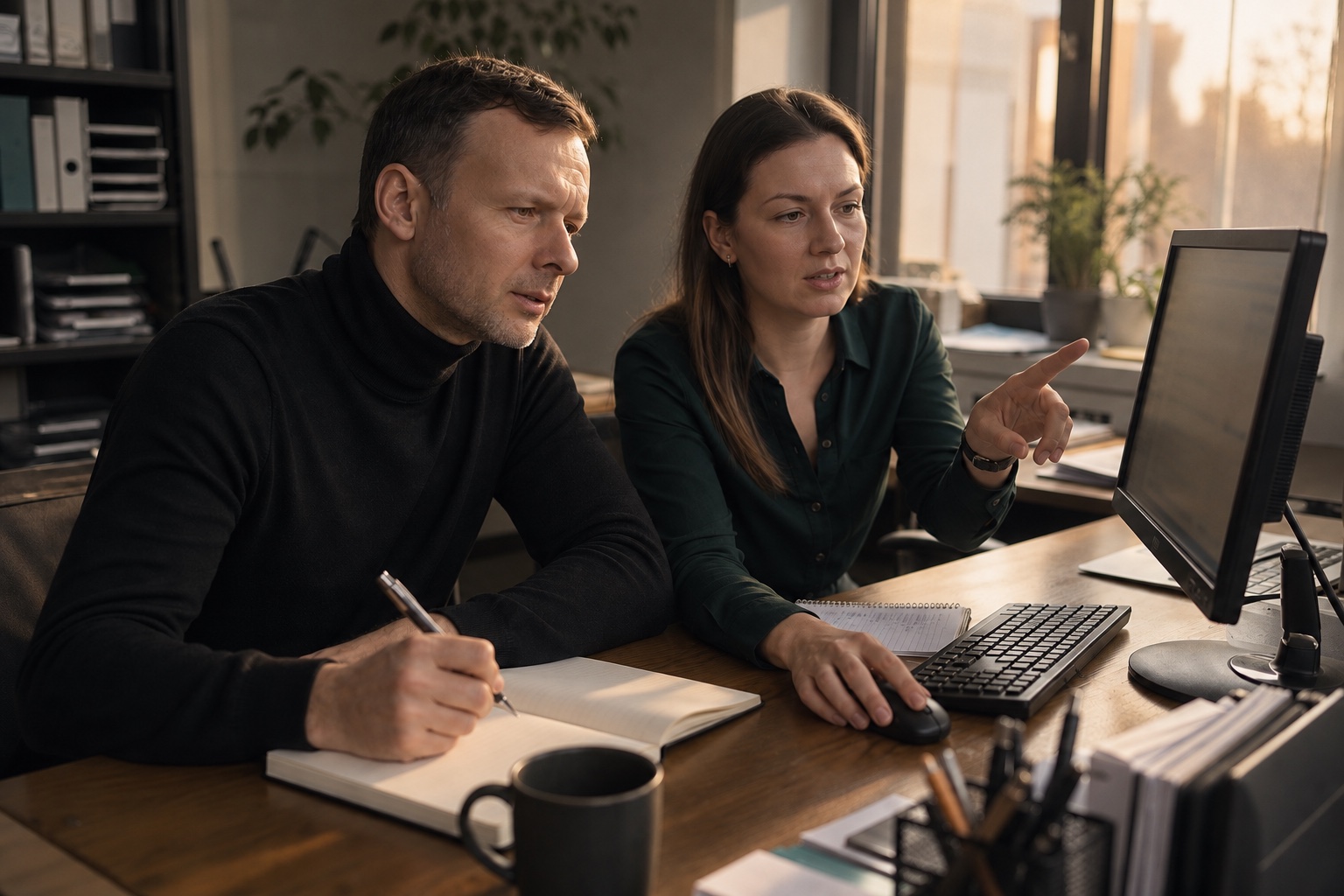 Dwie osoby analizują przy komputerze i notatniku rzeczywisty przebieg pracy